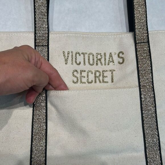 Victoria's Secret VS Canvas Tote Bag Metallic Glitter Gold Spellout Zip Top - Picture 2 of 7